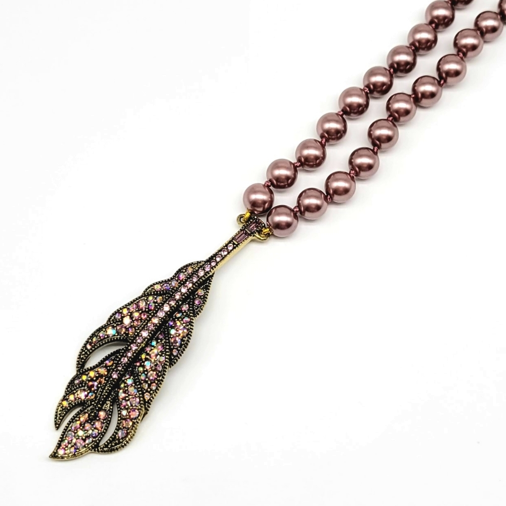 Heidi Daus Long Mauve Pearl Feather Necklace with Aurora Borealis Crystals